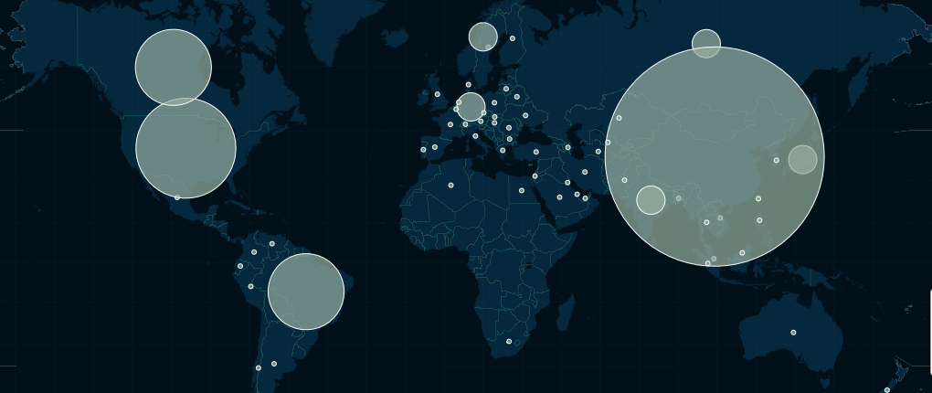 Illustration of existing renewable energy generation around the world from from Carbon Brief and CartoDB