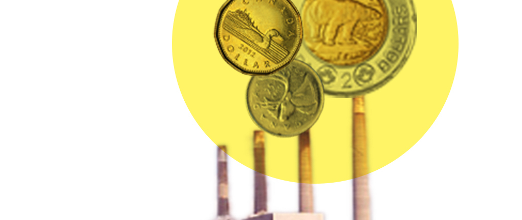 Artistic rendering of a carbon budget, where coins are coming out of an old factory but are limited to a certain point.