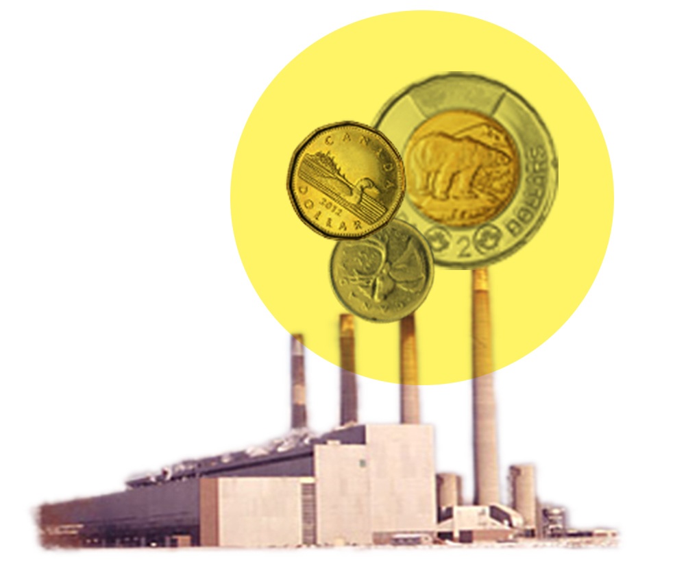 Artistic rendering of a carbon budget, where coins are coming out of an old factory but are limited to a certain point.