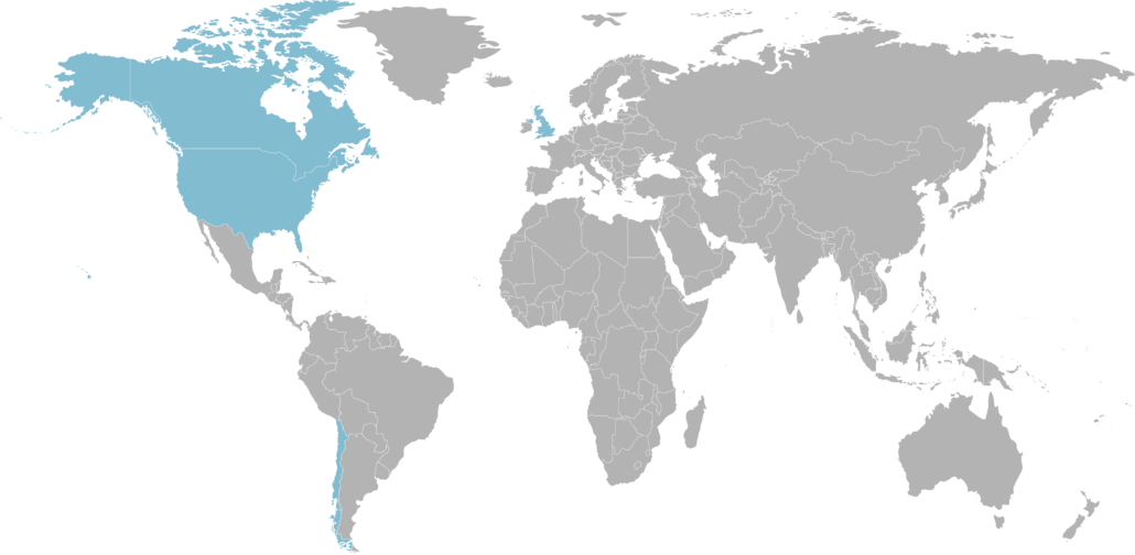 A map showcasing where SSG has worked. This includes Canada, the US, Chile, and the UK.