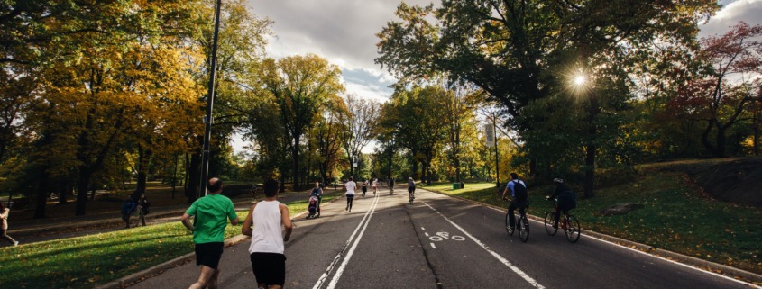 People running, walking and cycling on a tree-lined road