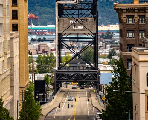 Photo of street in Tacoma, WA leading to the port.